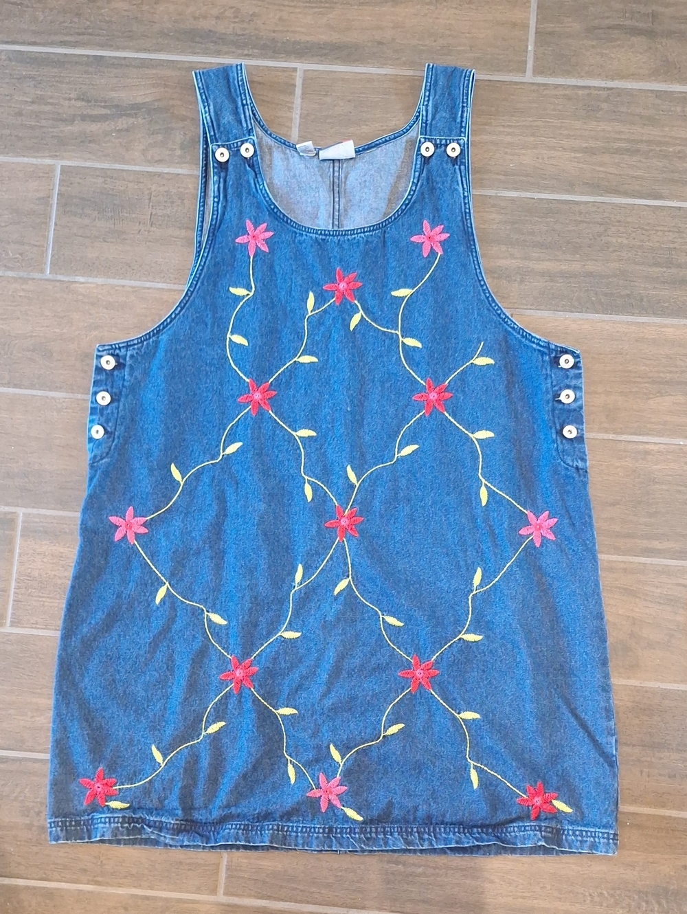 Vintage 90s J.L.N.Y. Embroidered Floral Cotton Denim Jumper Mini Dress Size 1X